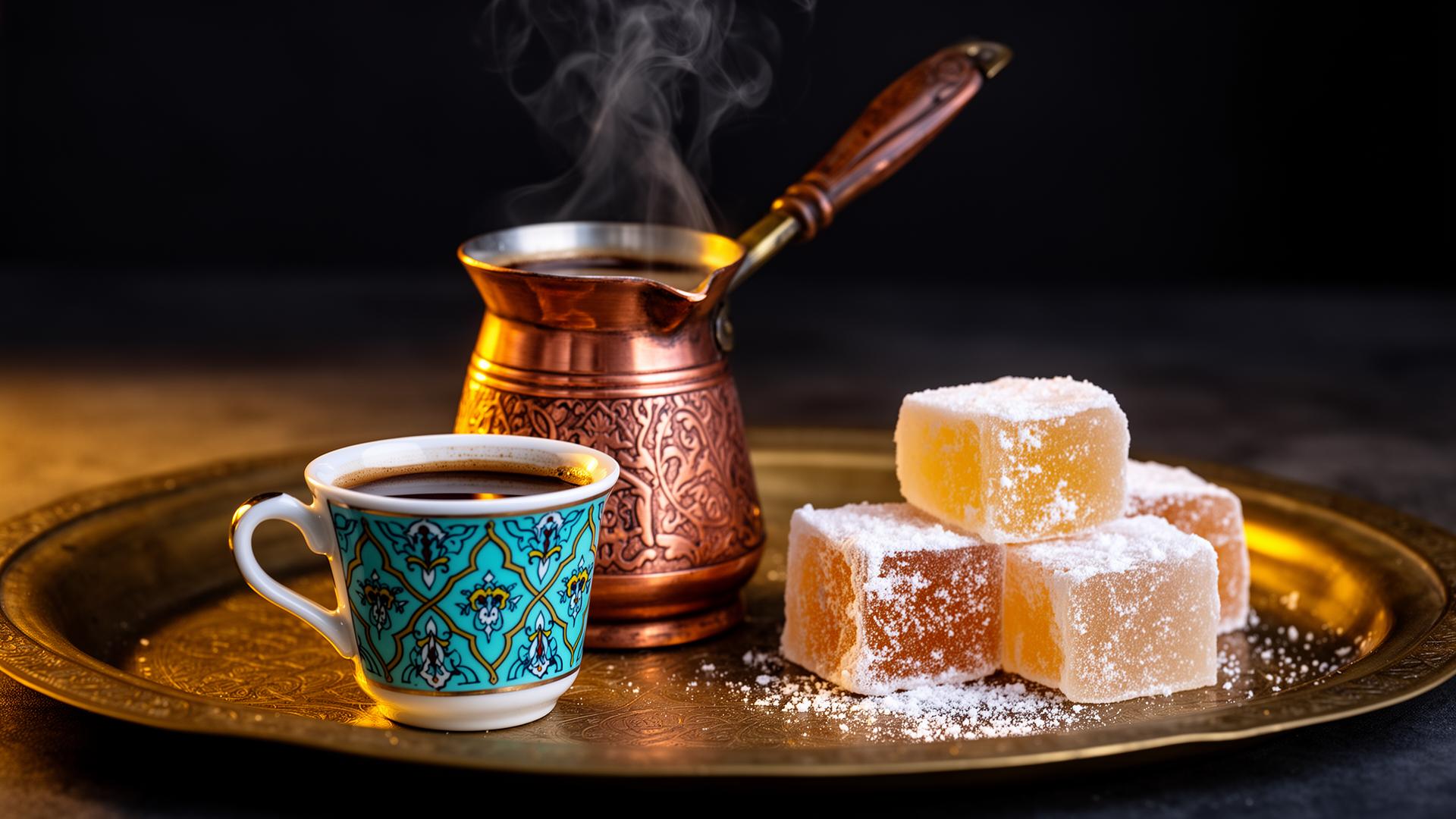 Turkish coffee in a Çini patterned cup with lokum