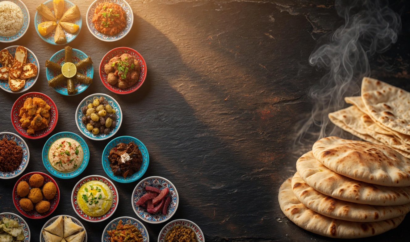 Lavish Turkish mezze spread on a dark table